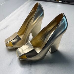 Yves Saint Laurent Metallic Gold Peep-Toe Heels